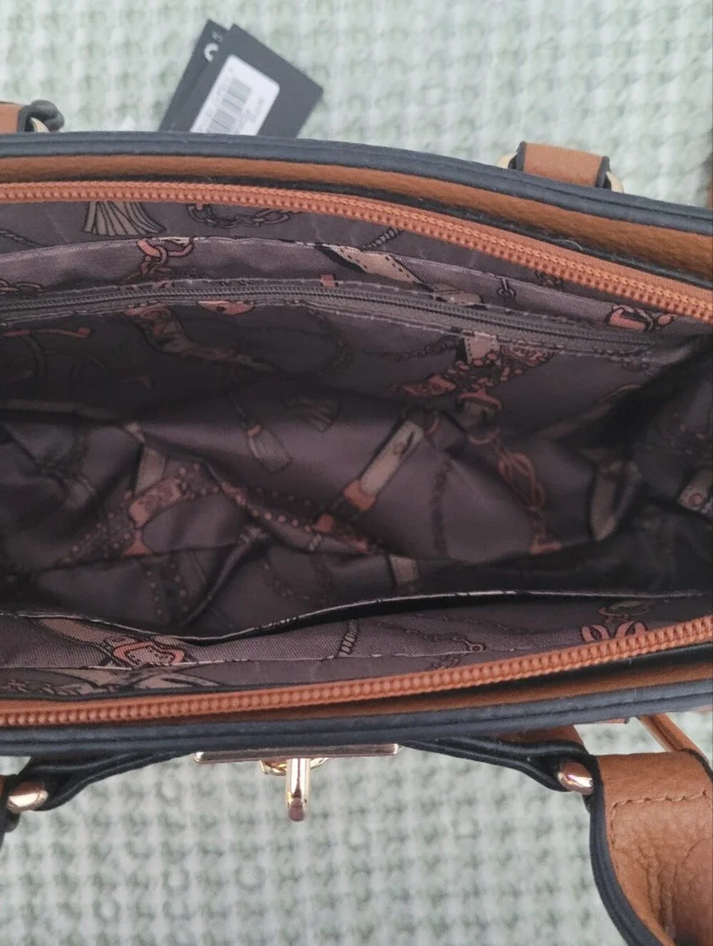 LA TERRE Cognac Vegan Leather Satchel Gold Padlock NWT Crossbody